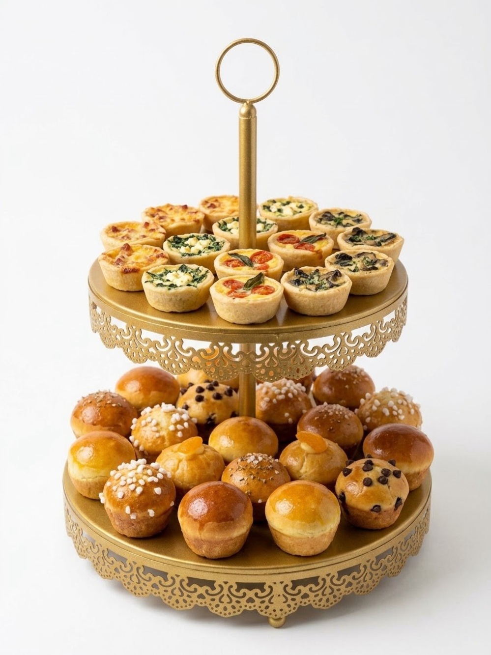 AMAZON Gold 2-Tier Adjustable Metal Cake and Cupcake Stand W/ Lace Trim Design
